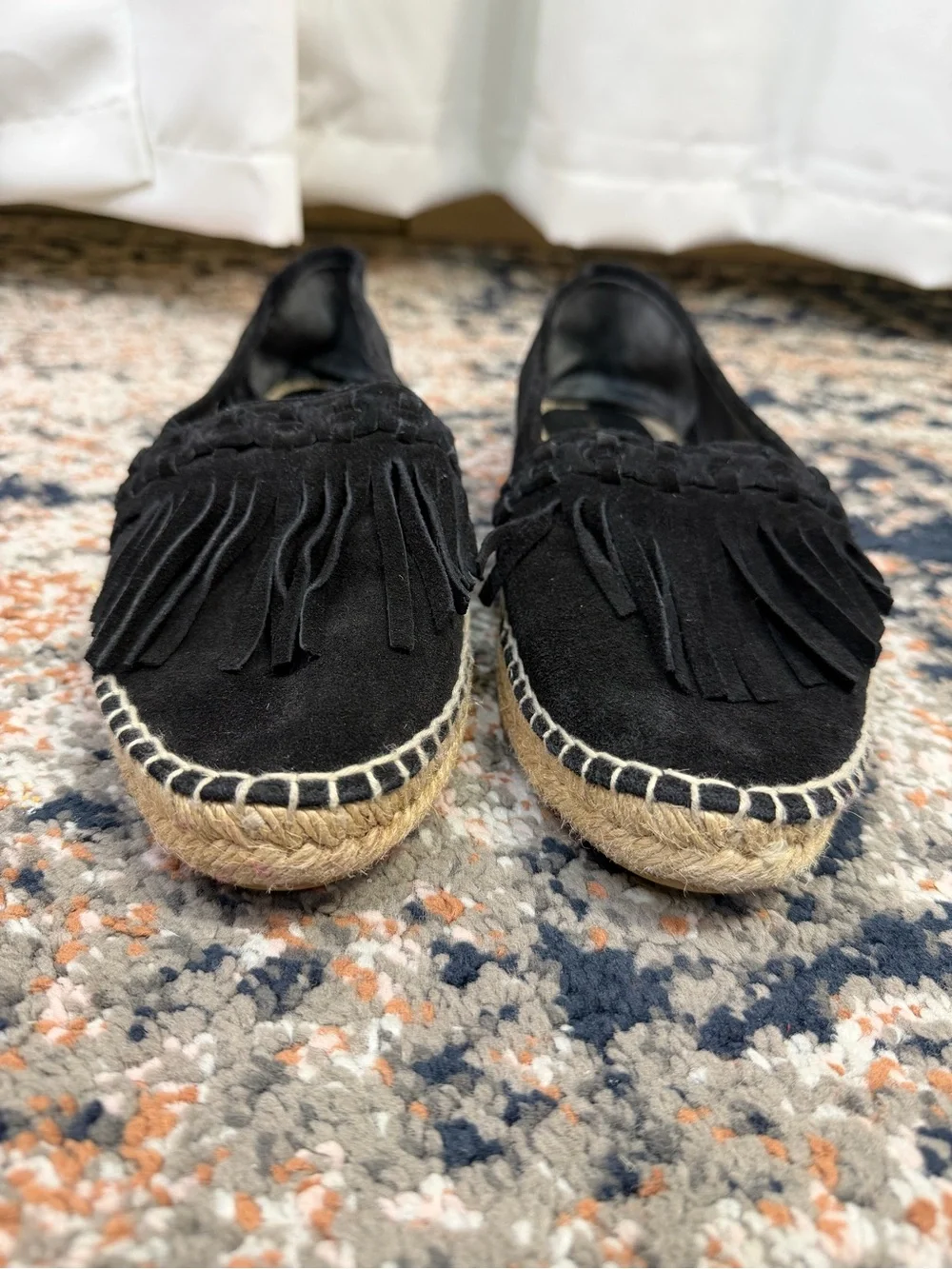 Diane von Furstenberg ‘Cadah’ Black Suede Fringe Trim Espadrilles Flats Size 9